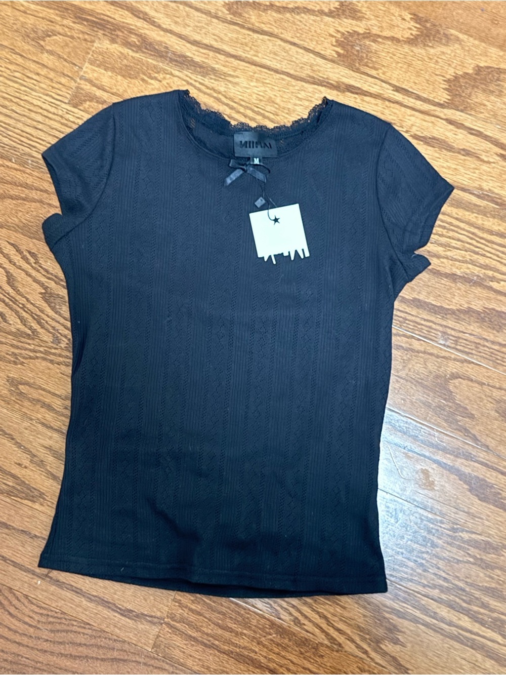 NiiHAi Black Lace Trim Ribbed Top NWT Size M